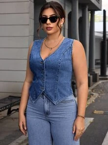SHEIN Essnce 大尺碼女款單排扣V領休閒牛仔背心外套，商務休閒女裝 - 藍色 - 查看 5