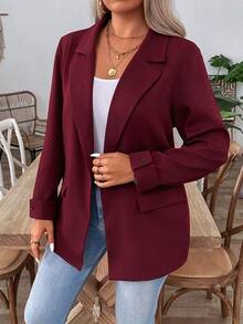 SHEIN LUNE 大尺碼女款黑色秋冬休閒商務長版大翻領單排扣西裝外套，特大號真口袋畢業典禮教師穿搭秋季服飾 - 酒紅色 - 查看 5