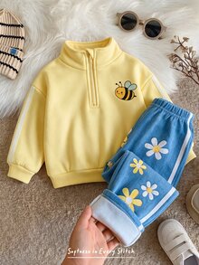 Cozy Pixies Babygirl 秋冬抓絨個性化時尚刺繡字母拉鍊連帽外套與長褲 2 件套，適合外出及其他場合 - 彩色 - 查看 3