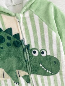 Baby Boy Cartoon Animal Print Long Sleeve Plush Hooded Romper - Green - View 5