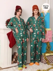 Chillnights 男士聖誕老人印花翻領休閒家居服套裝 - 綠色 - 查看 7