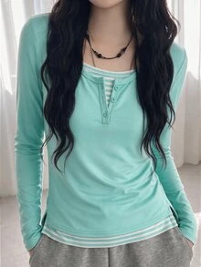 SHEIN Teen Girl Patchwork Striped 2 In 1 Long Sleeve Casual T-Shirt - Multicolor - View 1