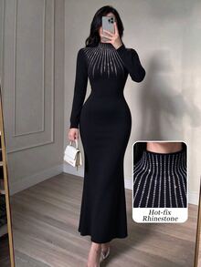 Graceveil Women's Rhinestone Embellished Stand Collar Long Sleeve Mermaid Hem Fitted Elegant Knit Dress - Black - View 1