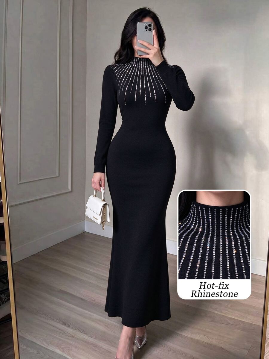 Graceveil Women's Rhinestone Embellished Stand Collar Long Sleeve Mermaid Hem Fitted Elegant Knit Dress - Black - View 1
