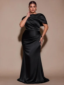 SHEIN BAE CURVE 大尺碼女款優雅棕色抓褶裹身魚尾下擺洋裝 - 黑色 - 查看 6
