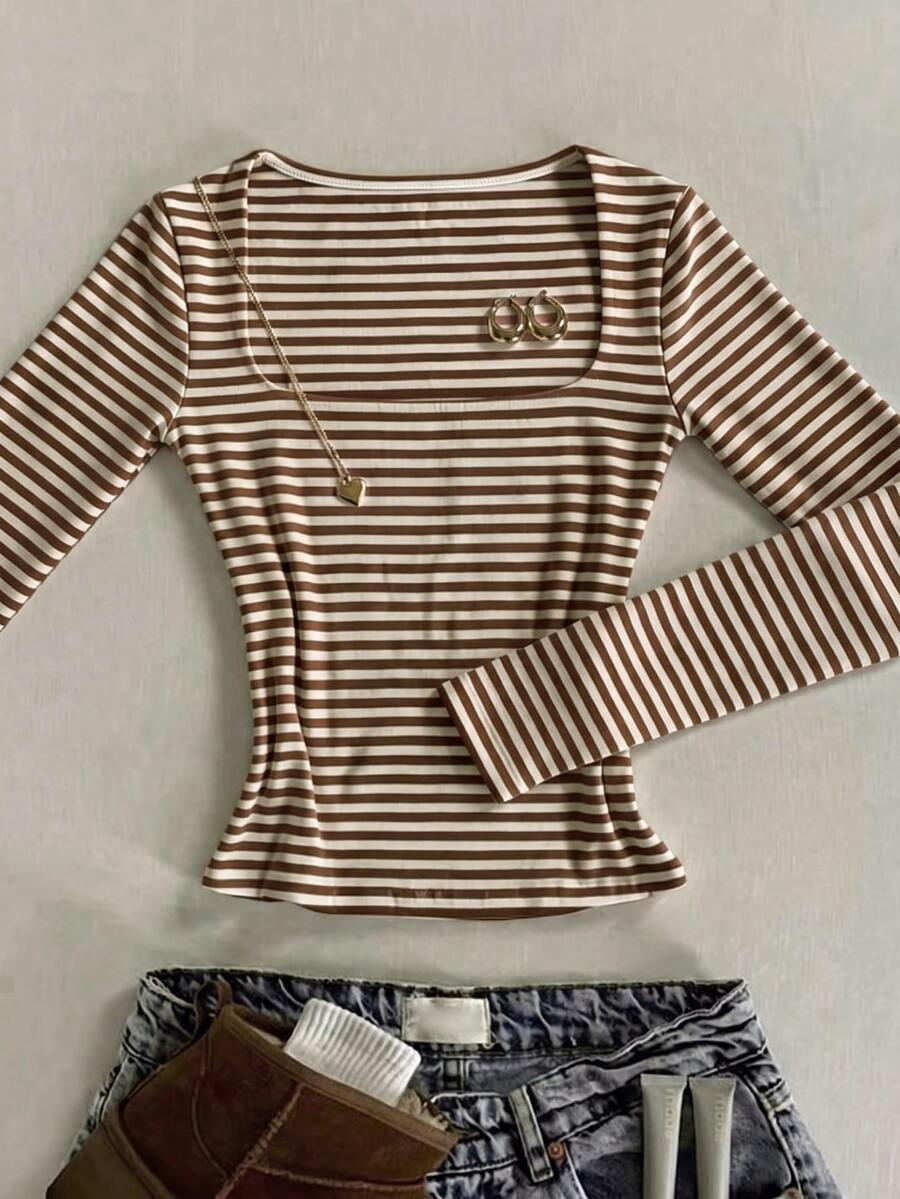 SHEIN 青少年女孩 T-shirt 粉色與白色條紋方領長袖,萬聖節、秋季、冬季、秋天、Y2K、粉色 - 棕色 - 查看 1