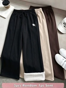 SHEIN 青少年女孩秋冬黑色寬腿運動褲 舒適抓絨內裡 運動街頭風抽繩長褲 - 黑色 - 查看 1
