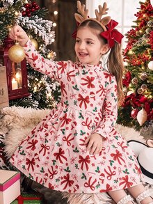 Tween Girl Casual Minimalist Kids Long Sleeve Midi Dress, Suitable For Autumn/Winter, Christmas Atmosphere, Party, Street Style - Multicolor - View 2