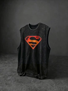 SUPERMAN X SHEIN Gym Rark Men's Cartoon Print Round Neck Sports Tank Top - Black - View 1