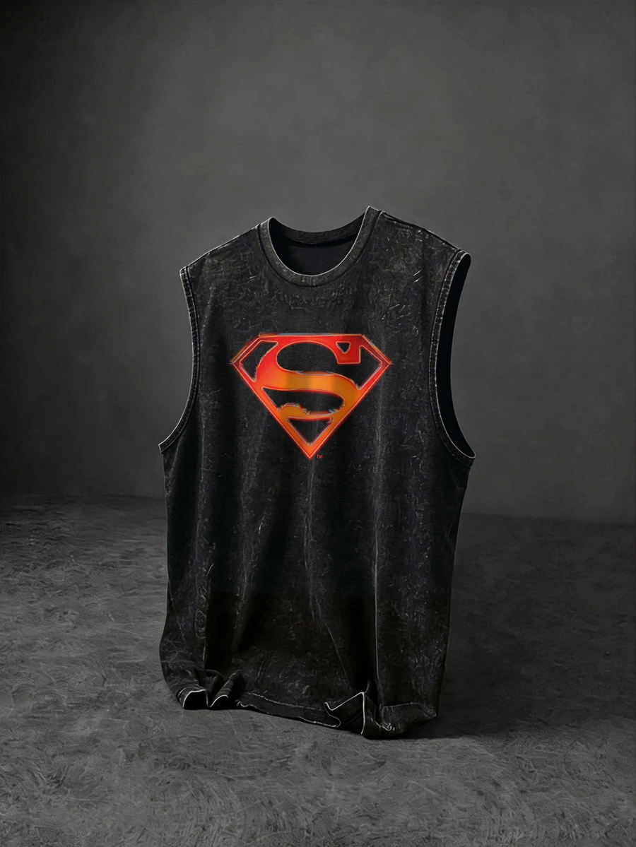 SUPERMAN X SHEIN Gym Rark Men's Cartoon Print Round Neck Sports Tank Top - Black - View 1