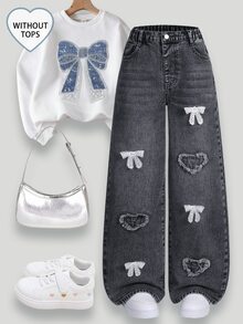 SHEIN Denimly 青少年女孩寬鬆淺藍色牛仔褲，寬腿彈性腰頭愛心刺繡長褲，水藍色，秋季，可愛，校園，開學季 - 黑色 - 查看 1