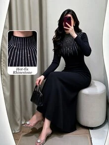 Graceveil Women's Rhinestone Embellished Stand Collar Long Sleeve Mermaid Hem Fitted Elegant Knit Dress - Black - View 7