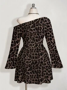 SHEIN ICON 大尺碼復古豹紋休閒洋裝，適合春秋穿著 - 彩色 - 查看 2