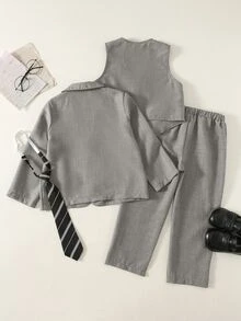 SHEIN 3件組兒童青少年男孩極簡剪影高級深皇家藍格紋西裝套裝，附深皇家藍領帶，適合婚禮季、派對及各種場合 - 灰色 - 查看 5