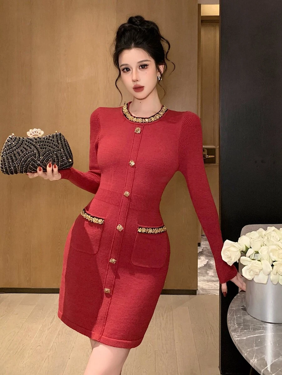 DAZY 女款拼色休閒日常夏季洋裝 - 酒紅色 - 查看 1