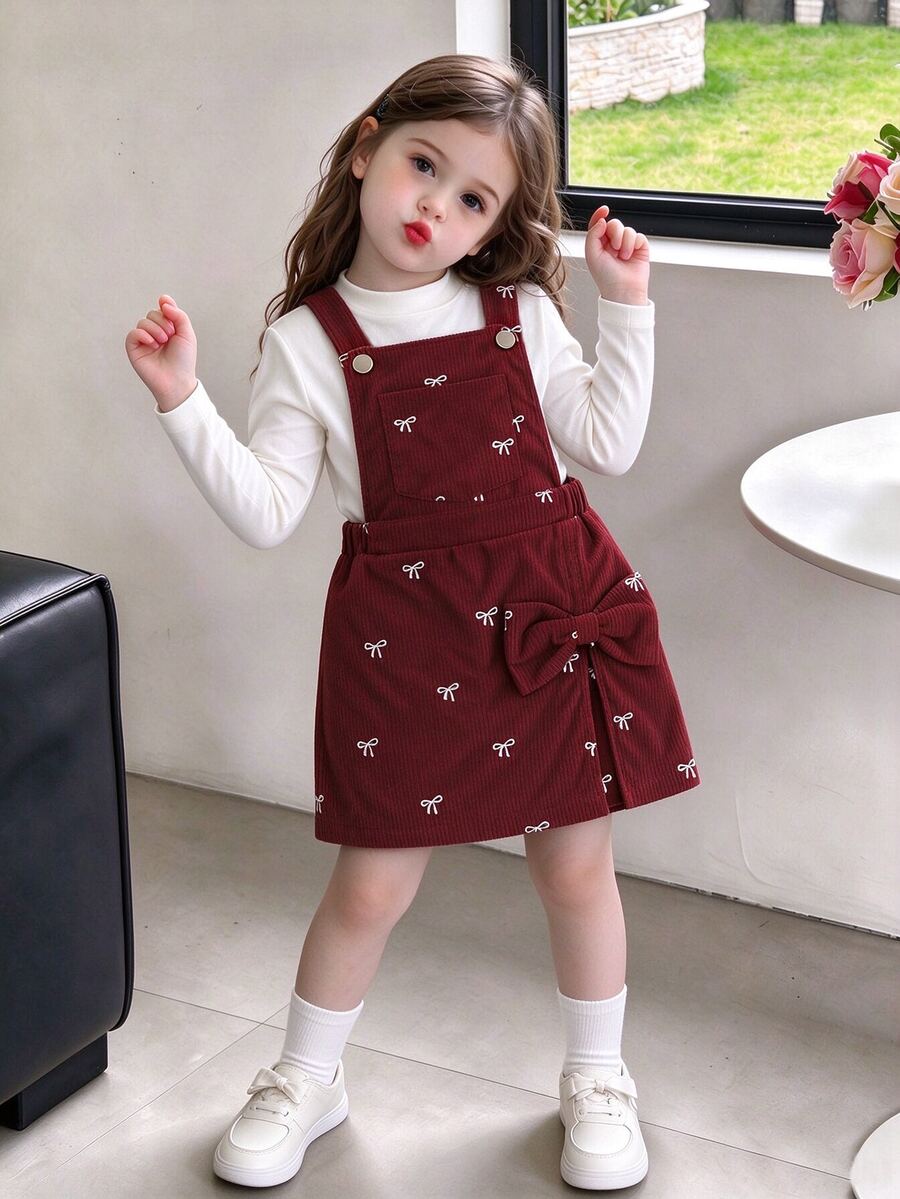 YOUNG Girls Vintage Bow Embroidered Corduroy Overall Dress Cute Red ...