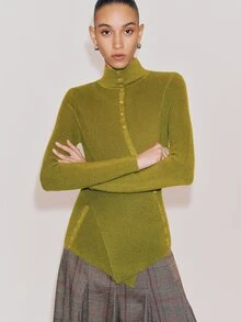 Anewsta Essential Women Elegant Half High Neck Ribbed Knit Pullover, Cross Wrap Side Button Irregular Asymmetrical Hem Slim Fit Long Sleeve Sweater, Autumn Winter Chris - Green - View 5