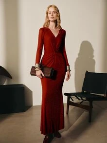 MOTF PREMIUM ELEGANT EXQUISITE RHINESTONE TWISTED V-NECK MID-LENGTH KNIT DRESS - Redwood - View 4