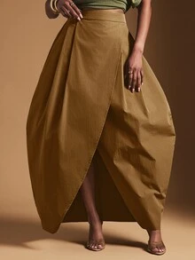 Vixey High Waist Balloon Shape Asymmetrical Midi Skirt - Mocha Brown - View 2