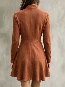 LUMIGAL Women's Solid Color Pleated Fashion Vintage Summer Dress - Brown - View 2