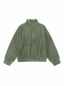 SHEIN 青少年女孩秋季套裝 1/4 拉鍊寬鬆運動衛衣與運動長褲套裝 寬鬆版型 返校季休閒街頭風 學生深灰色 - 軍綠色 - 查看 3