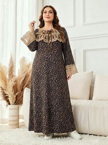Lacomfia Đầm dự tiệc thường ngày nữ size lớn họa tiết da báo phối ren - màu nâu - Xem 8