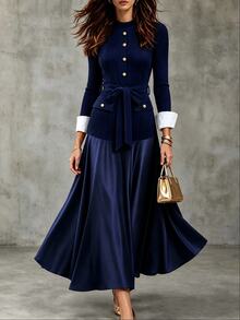 Breezaya Women's Luxury Business Style Button Ribbed Dress - Royal Blue - View 3