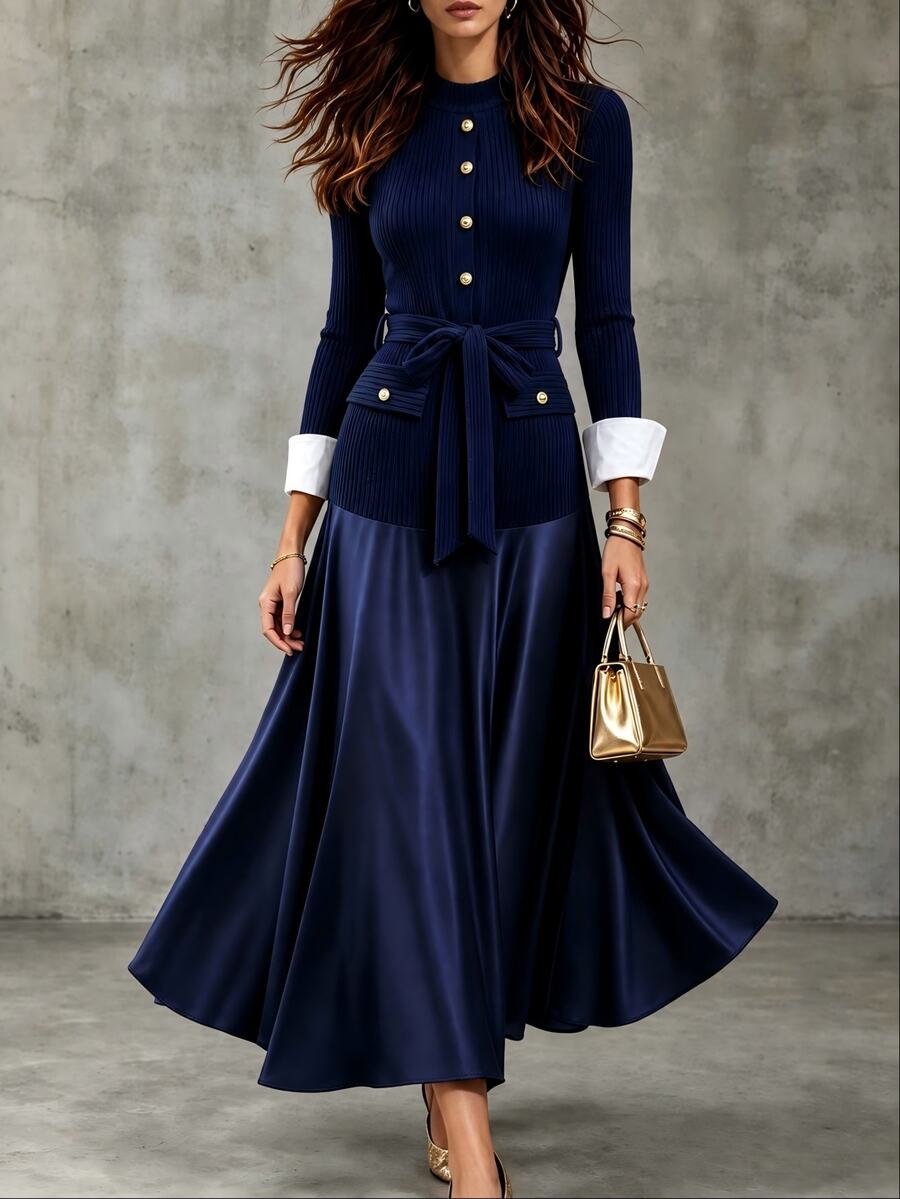 Breezaya Women's Luxury Business Style Button Ribbed Dress - Royal Blue - View 1