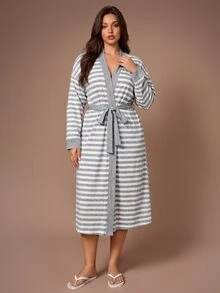 Lazeform Casual Striped Print Long Sleeve Long Length Plus Size Robe - Light Grey - View 1