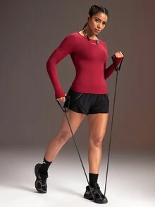 Powerista Letter Print Long Sleeve Sports T-Shirt Yoga Fitness - Burgundy - View 5