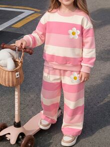 甜美溫柔粉色可愛花卉圖案女童拼色格紋休閒套裝，軟糯加厚抓絨圓領衛衣＋休閒長褲，新款適合四季，日常穿著、外出、運動、假日，甜美慵懶休閒風，舒適溫馨 - 彩色 - 查看 9