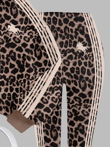 復古時尚高級栗棕色動物豹紋拼色條紋 女孩休閒圓領長袖衛衣與刷毛底層長褲 2件套，適合秋冬日常、外出、校園、運動、慵懶時尚、美式街頭風、舒適氛圍、休閒度假，新風格 - 彩色 - 查看 4