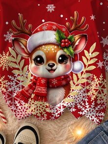 SHEIN Tween女孩休閒簡約可愛趣味卡通聖誕馴鹿圖案漸層波點雪花圓領短袖T恤，聖誕紅上衣，適合聖誕外出穿搭，Kawaii聖誕圖案T恤 - 彩色 - 查看 6