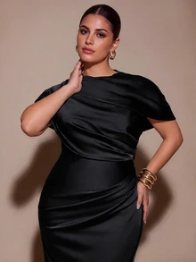 SHEIN BAE CURVE 大尺碼女款優雅棕色抓褶裹身魚尾下擺洋裝 - 黑色 - 查看 3