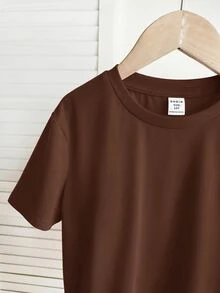 SHEIN 青少年女孩針織素色圓領修身休閒T恤 - 棕色 - 查看 6