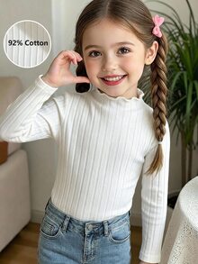 少女秋冬純色黑色 92%棉羅紋高領針織上衣，返校萬聖節秋季套頭上衣 - 白色 - 查看 5