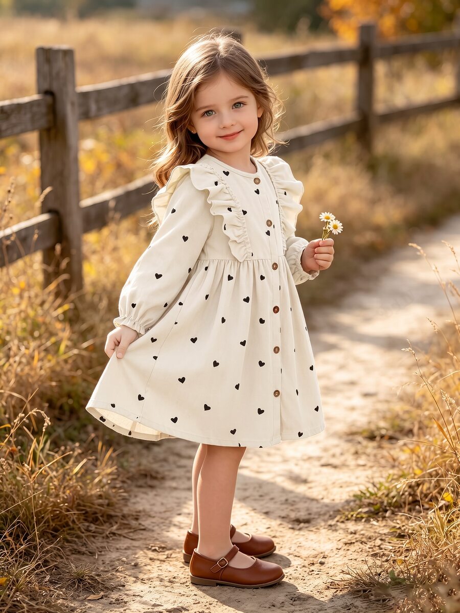 SHEIN Vintaside Kids 女童 4-7歲 心形印花荷葉邊燈芯絨長袖前開鈕扣 A字洋裝 7歲生日秋季仙女風 - 杏色 - 查看 1