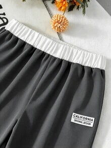 SHEIN 女童 2 件組復古美式學院風棕色上衣寬腿褲套裝，休閒秋季長袖圓領套裝，適合學校 7 歲生日 - 深灰色 - 查看 7