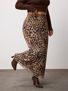 Enliva Plus Size Stretch Mesh Leopard Print Maxi Skirt For Hourglass Body - Brown - View 6