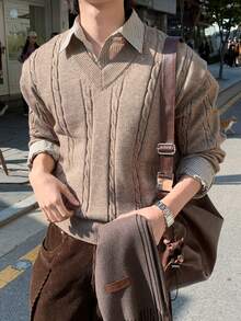 DAZY Autumn/Winter Camel V-Neck Cable Knit Ribbed Korean Style Men's Sweater - Camel - View 1