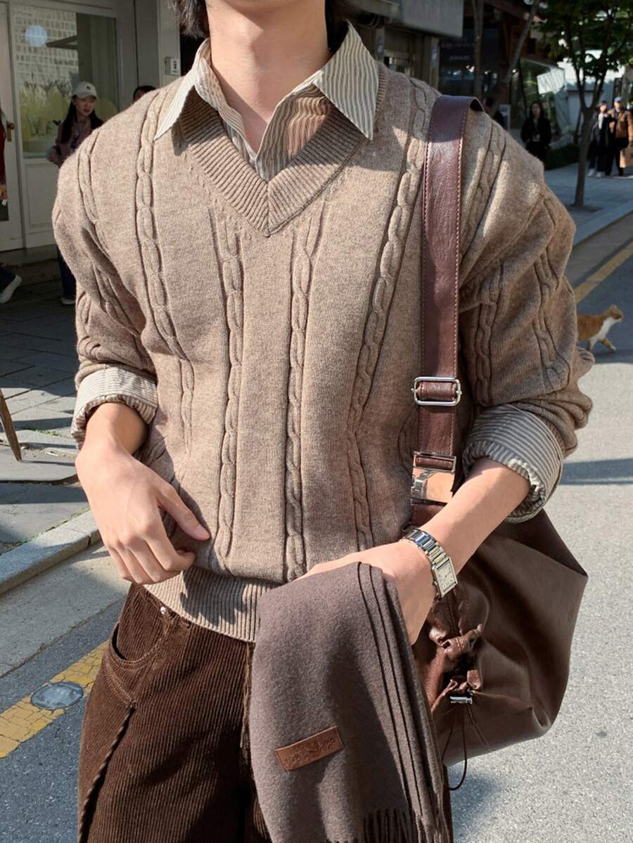 DAZY Autumn/Winter Camel V-Neck Cable Knit Ribbed Korean Style Men's Sweater - Camel - View 1