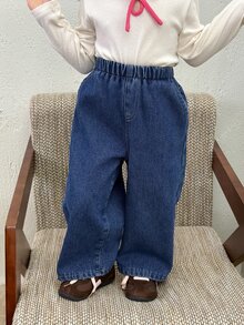 Dazy Kids Baby Girl Elastic Waist Wide Leg Loose Casual Versatile Denim Jeans - Blue - View 5