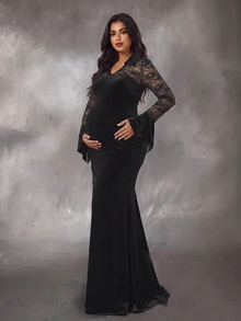 Cheriluna Maternity Đầm dự tiệc bầu size lớn phối ren phối mảnh, tôn dáng thắt eo thanh lịch - màu đen - Xem 1