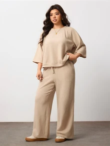 Enliva Plus Size Knit Two Pieces Set With Wide Leg Pants For Pear Body - Khaki - View 7