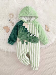 Baby Boy Cartoon Animal Print Long Sleeve Plush Hooded Romper - Green - View 9