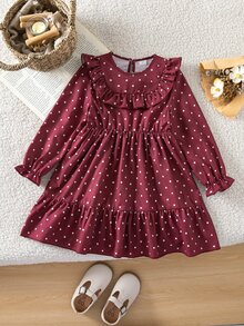 SHEIN Girlss Ditsy Floral Ruffle Collar Long Sleeve Dress Covered In Tiny Ditsy Floral Double-Layered 3D Ruffle Collar Elasticized Lettuce Hem Cuffs Suitabl - Burgundy - View 4
