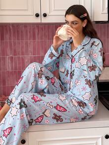 SweetSlumber Pyjamasset för kvinnor med pepparkaksgubbe-krage, långa ärmar och byxor, jultema - Blå - Visa 4