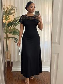 SHEIN Lady CURVE 大尺碼優雅蕾絲拼接洋裝，適合雞尾酒會、跨年派對、晚宴等場合 - 黑色 - 查看 5