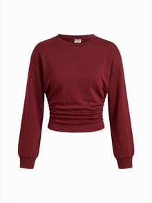 SHEIN 青少年女孩紅色套頭衛衣，腰部抓皺寬鬆休閒百搭校園開學秋季新款 - 酒紅色 - 查看 6
