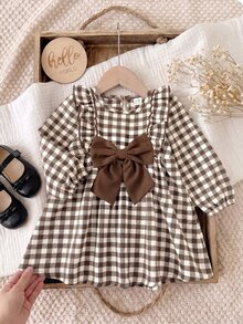 SHEIN Baby Girl Casual Comfortable Everyday Versatile Brown Plaid Bow Long Sleeve Dress - Brown - View 1